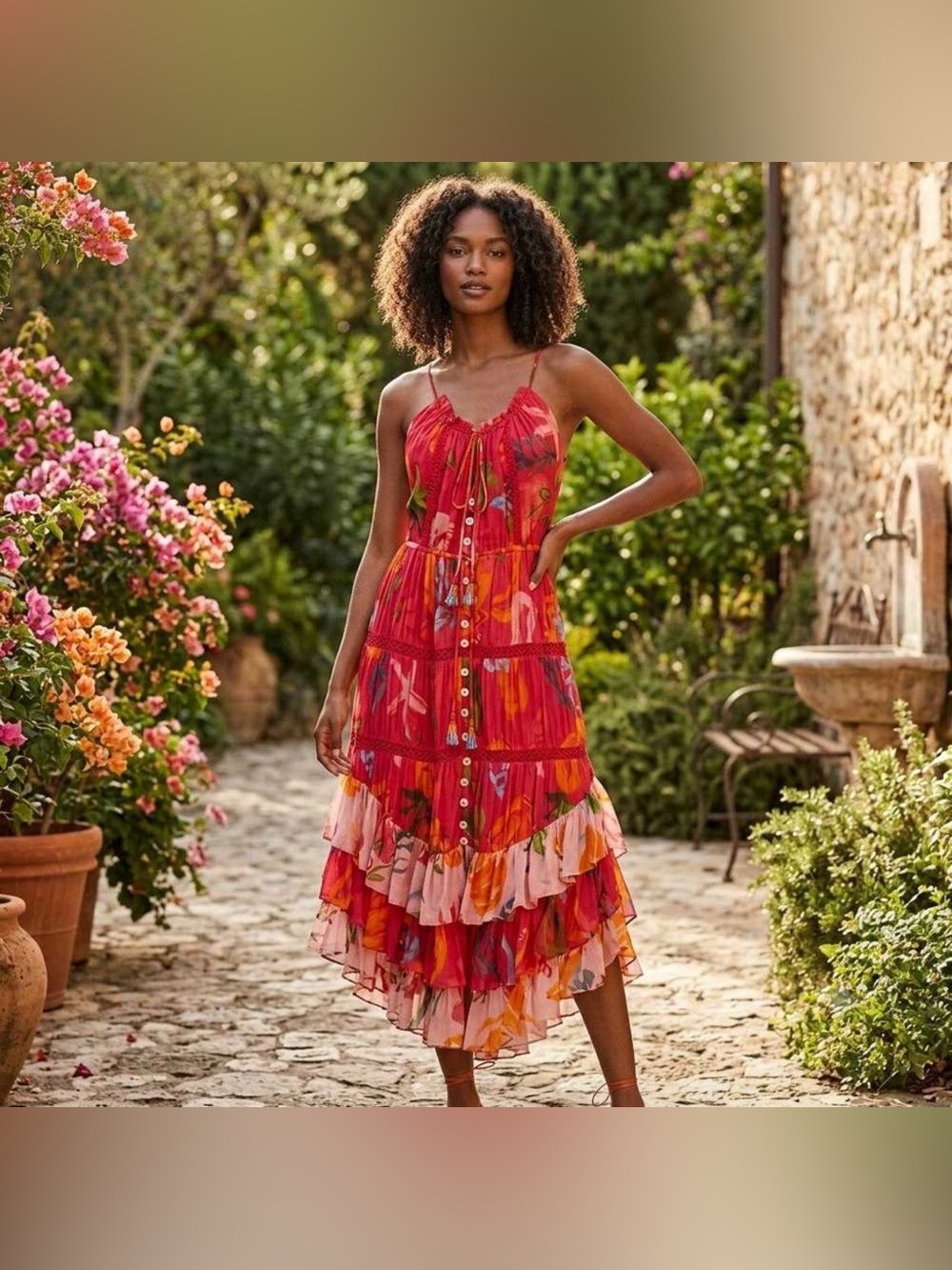 FARM Rio Mixed Fruits Ocean Tiered Dress